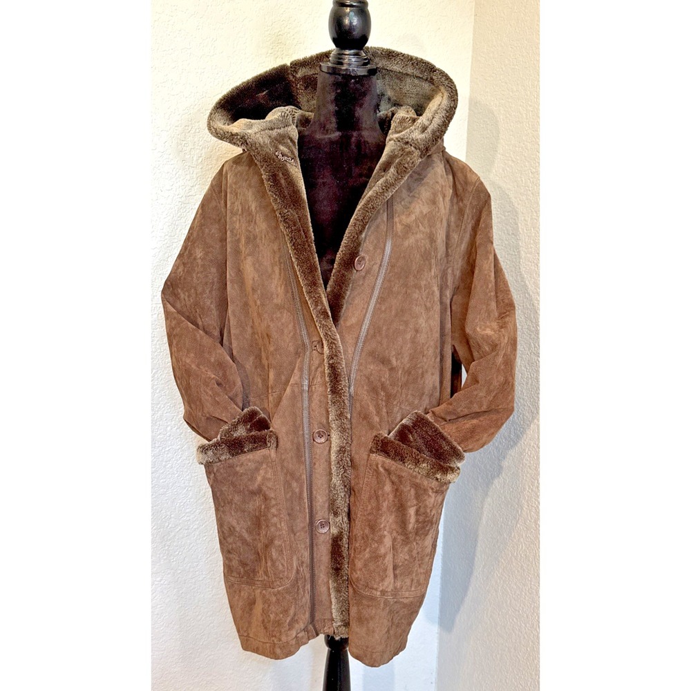 Fitz-Wright Women's L Suede Leather Coat Chocolate Brown Faux Fur Hood Vintage
